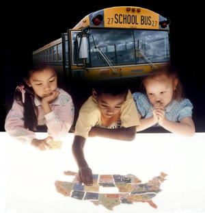 Children Learning with School Bus in Background